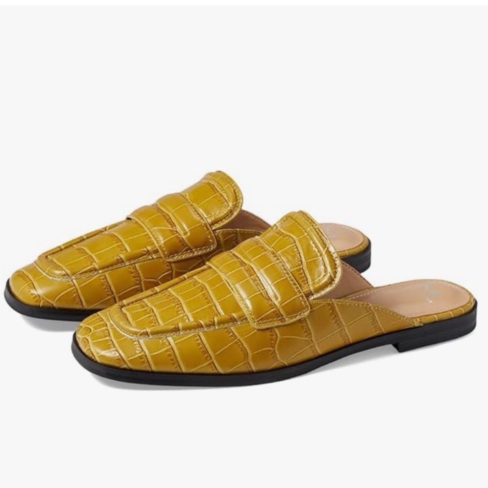 Marc Fisher Mustard Croc-Embossed Leather Backless Loafers